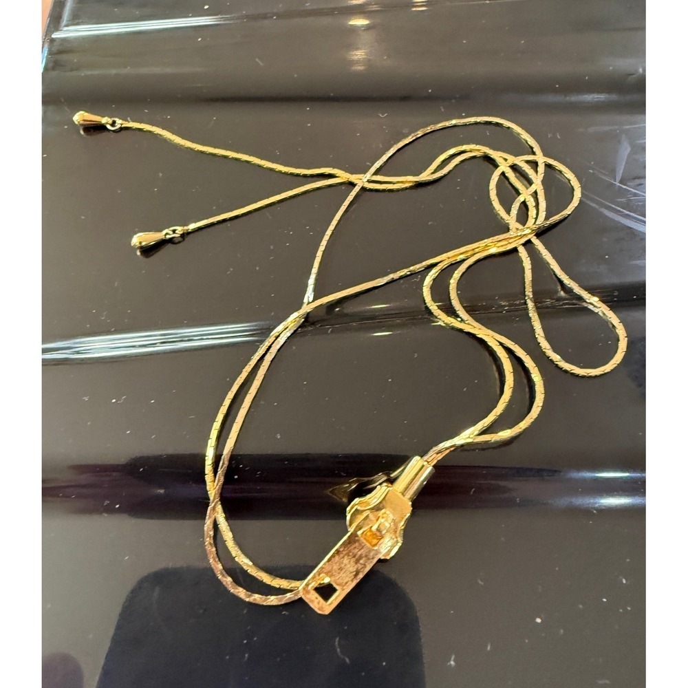 Vintage Gold Tone Zipper Necklace Novelty Statement Jewelry 28" Long Chain